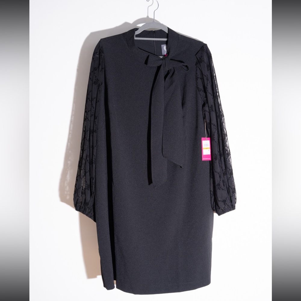 Vince Camuto Black Sheer Mesh Long Sleeve Crepe Dress